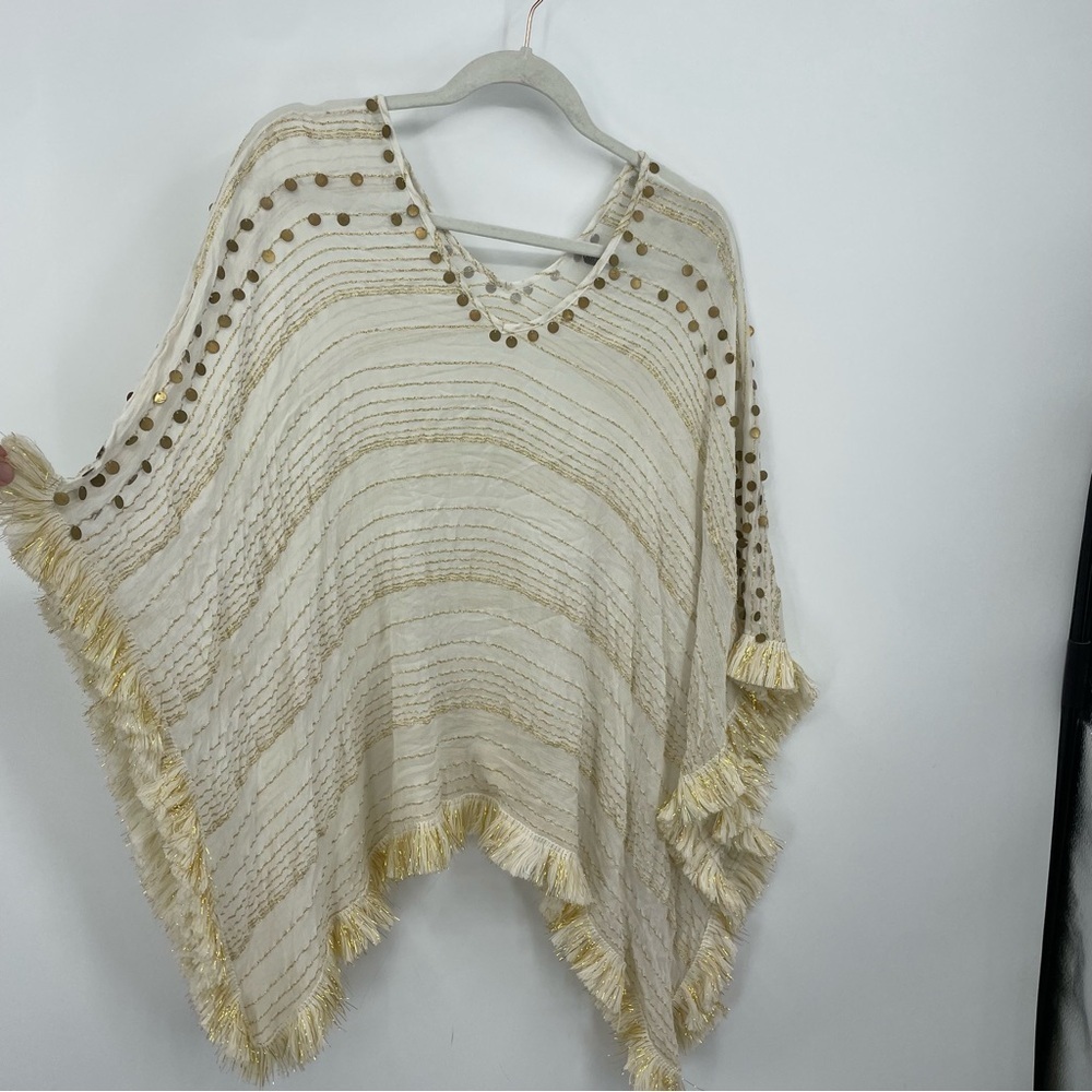 Lisa Robertson Gold lurex striped embellished poncho cream‎ fringe embroidered